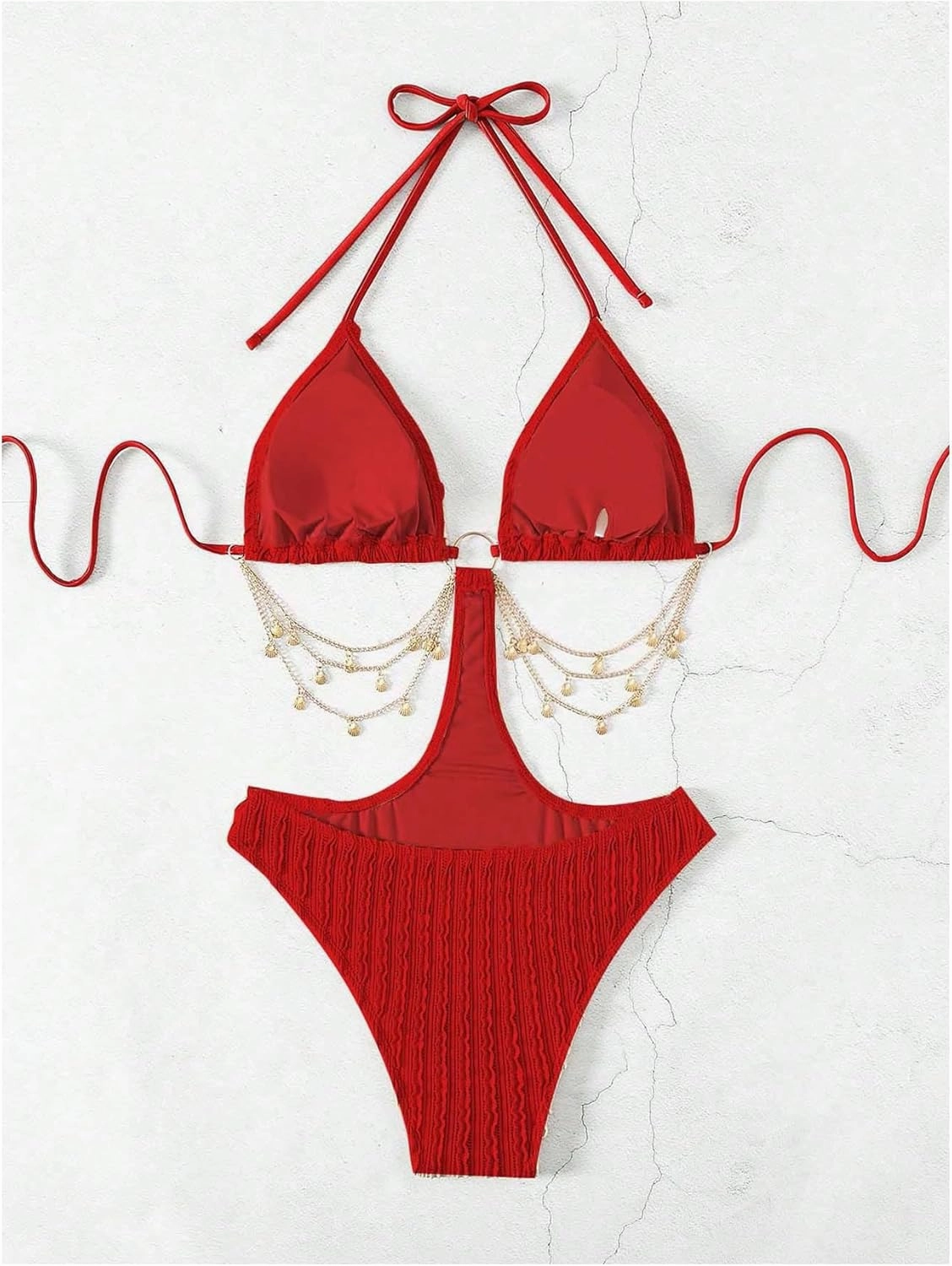 OYOANGLE Women's Ring Linked Cut Out One Piece Swimsuits Textured Tie Backless Halter Bathing Suit Monokini