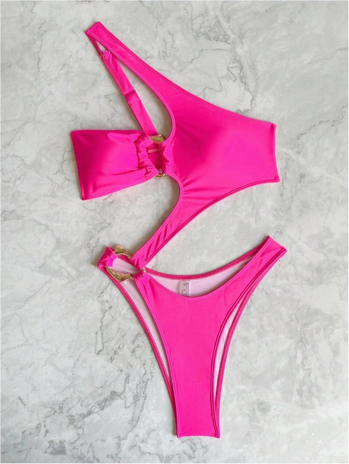 OYOANGLE Women's Ring Linked Cut Out One Shoulder One Piece Swimsuit High Cut Bathing Suits