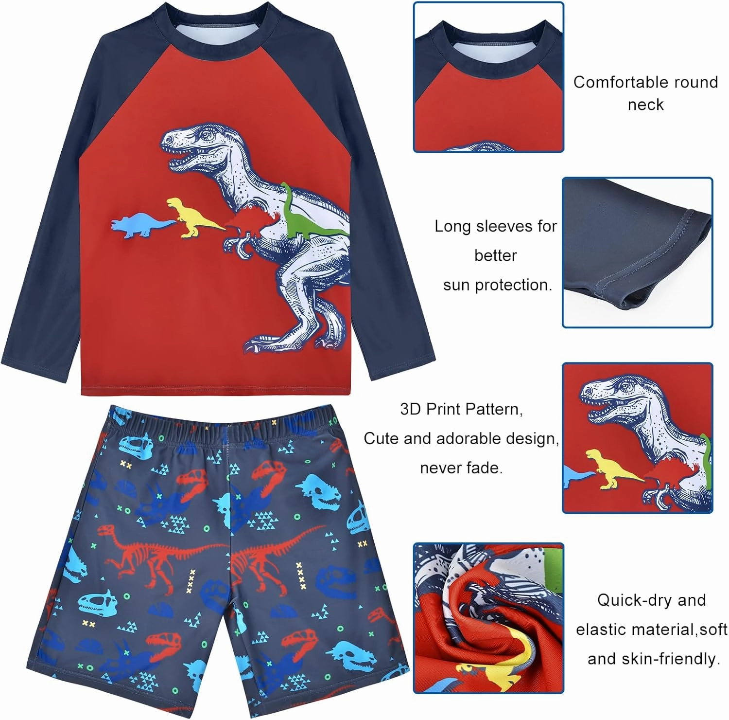 PASHOP Boys Swimsuit Rash Guard Boys' Swimwear Dinosaur Swimming Suits Bathing Suit for Toddler Boys Swim Trunk