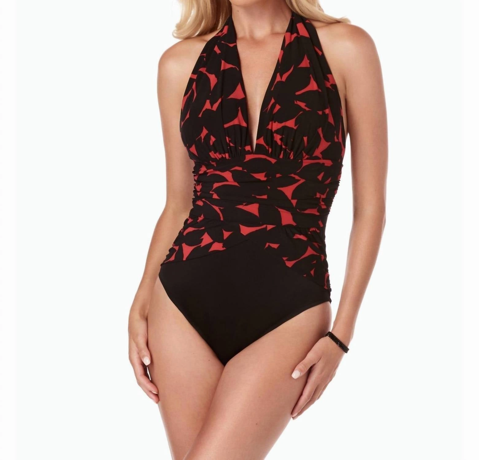 Petal Pusher Jenn V-Neck Shirred One Piece Swimsuit In Black