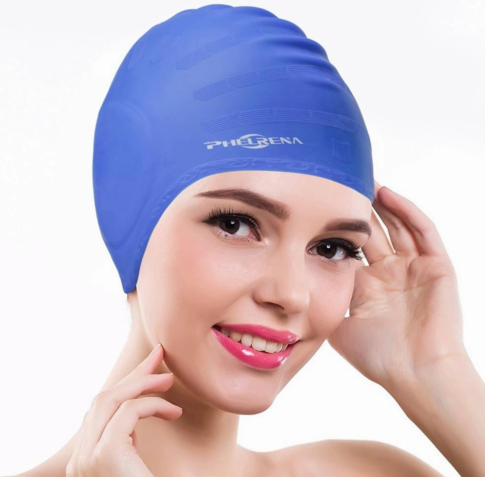 PHELRENA Swimming Cap Waterproof Premium Silicone Solid Long Hair Earmuffs Swim Cap Flexible Reversible for Adults Kids Women Men, Keeps Hair Clean Ear Dry, Free with Nose Clip and Ear Plugs