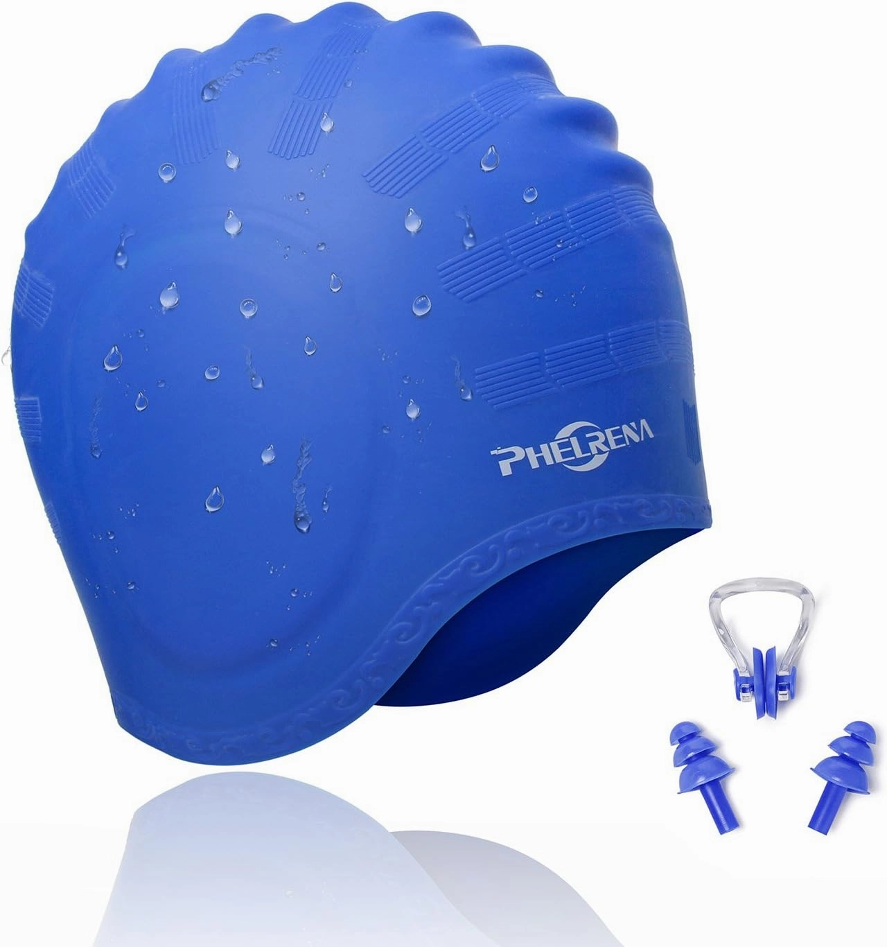 PHELRENA Swimming Cap Waterproof Premium Silicone Solid Long Hair Earmuffs Swim Cap Flexible Reversible for Adults Kids Women Men, Keeps Hair Clean Ear Dry, Free with Nose Clip and Ear Plugs