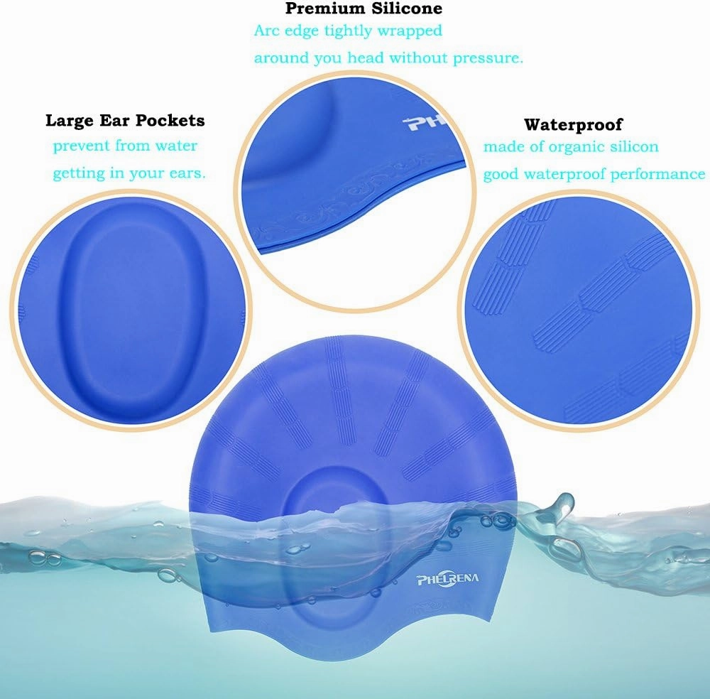 PHELRENA Swimming Cap Waterproof Premium Silicone Solid Long Hair Earmuffs Swim Cap Flexible Reversible for Adults Kids Women Men, Keeps Hair Clean Ear Dry, Free with Nose Clip and Ear Plugs