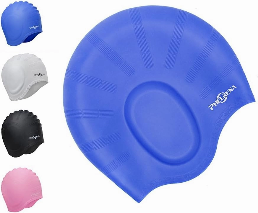 PHELRENA Swimming Cap Waterproof Premium Silicone Solid Long Hair Earmuffs Swim Cap Flexible Reversible for Adults Kids Women Men, Keeps Hair Clean Ear Dry, Free with Nose Clip and Ear Plugs
