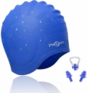 PHELRENA Swimming Cap Waterproof Premium Silicone Solid Long Hair Earmuffs Swim Cap Flexible Reversible for Adults Kids Women Men, Keeps Hair Clean Ear Dry, Free with Nose Clip and Ear Plugs