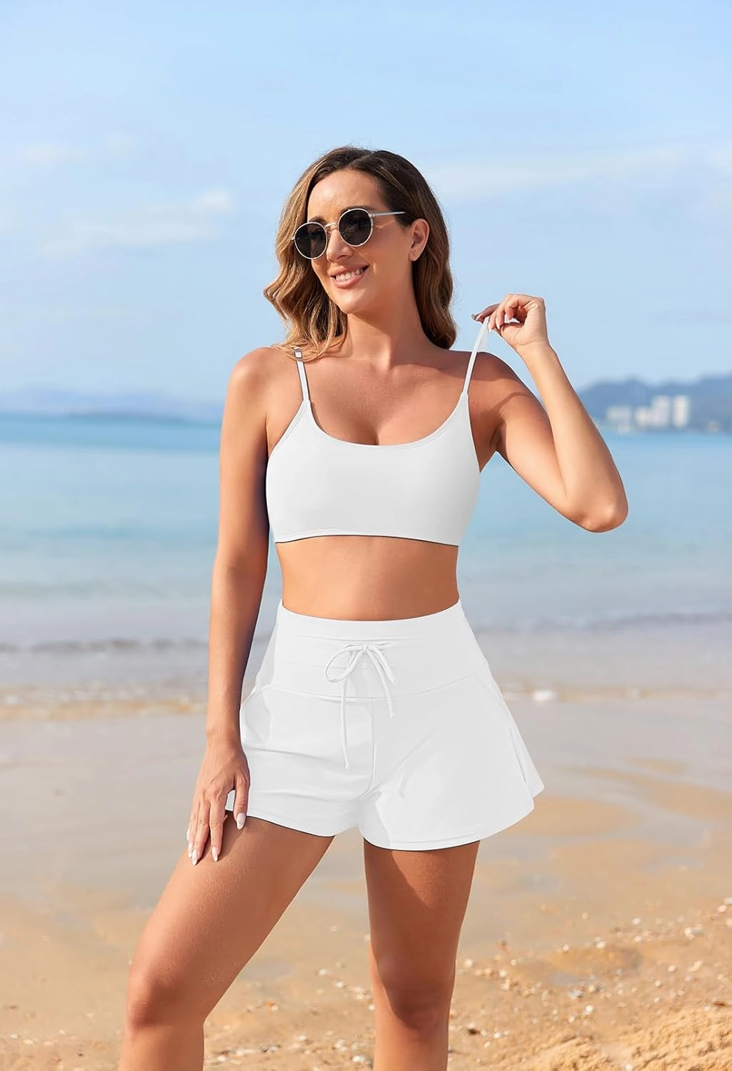 Pink Queen 2 Piece Bathing Suits for Women Adjustable Strap Top Drawstring High Waisted Bikini Shorts Swimsuit with Pockets