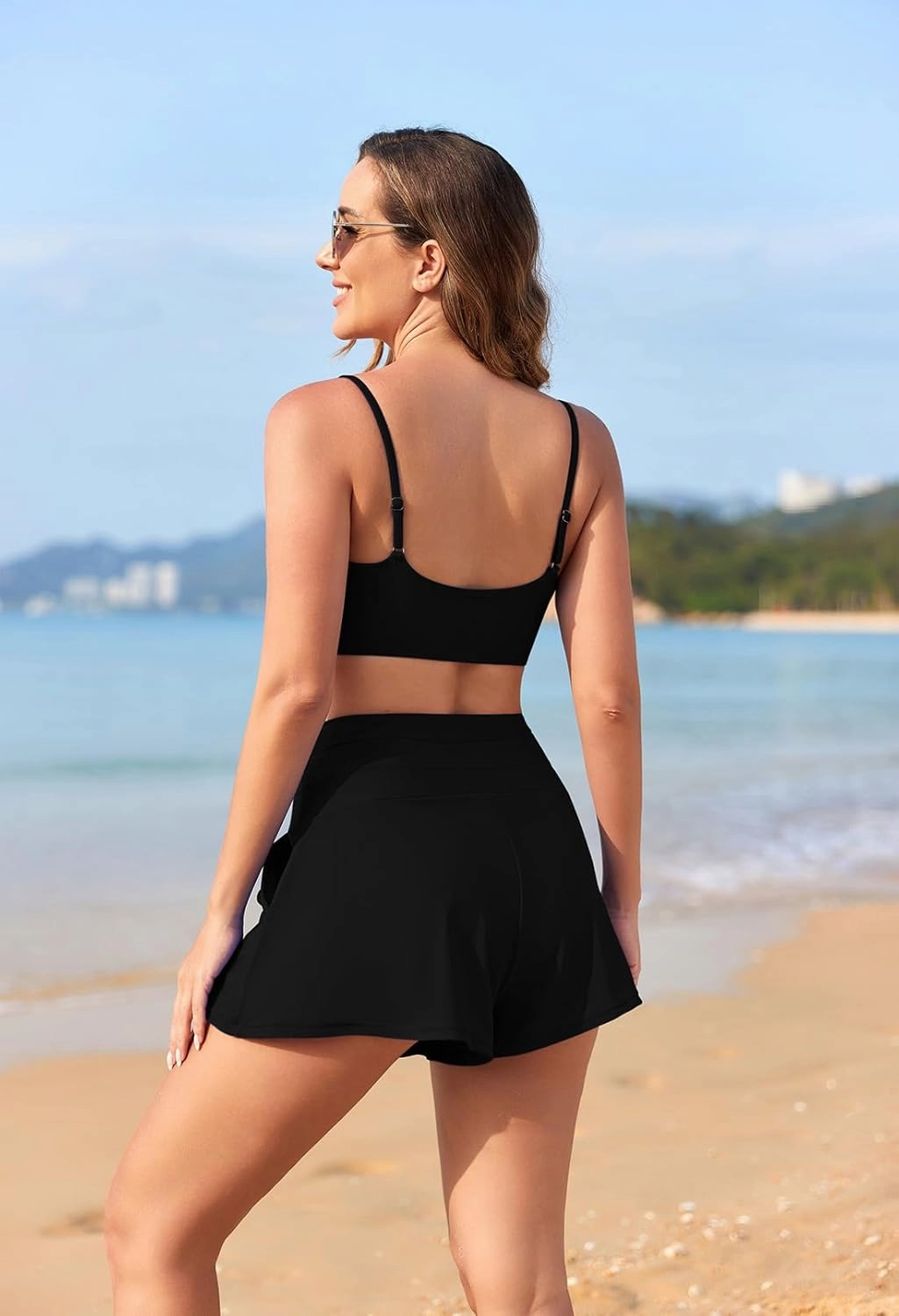 Pink Queen 2 Piece Bathing Suits for Women Adjustable Strap Top Drawstring High Waisted Bikini Shorts Swimsuit with Pockets