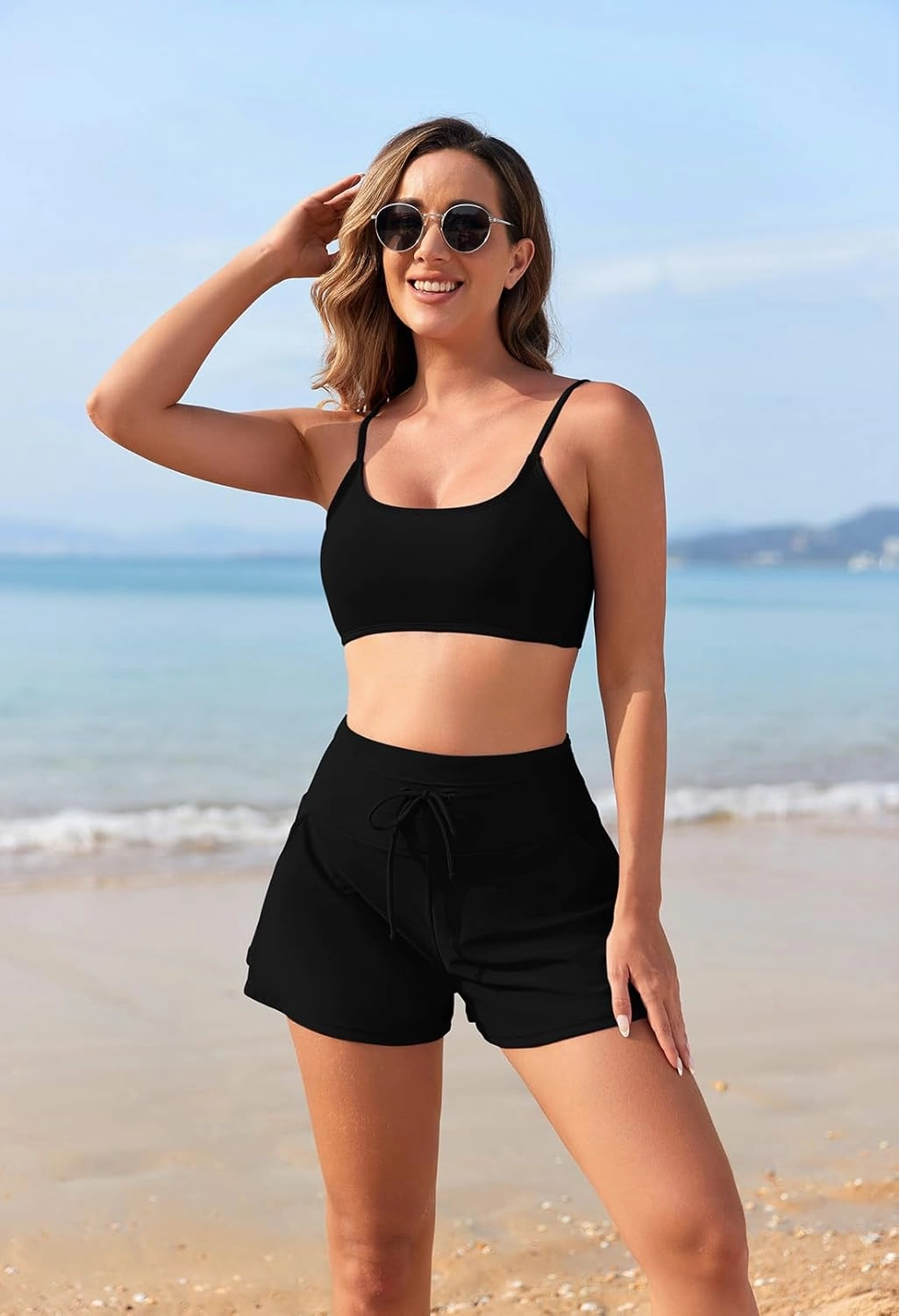 Pink Queen 2 Piece Bathing Suits for Women Adjustable Strap Top Drawstring High Waisted Bikini Shorts Swimsuit with Pockets