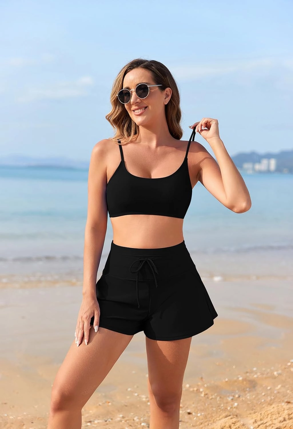 Pink Queen 2 Piece Bathing Suits for Women Adjustable Strap Top Drawstring High Waisted Bikini Shorts Swimsuit with Pockets