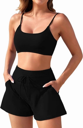 Pink Queen 2 Piece Bathing Suits for Women Adjustable Strap Top Drawstring High Waisted Bikini Shorts Swimsuit with Pockets