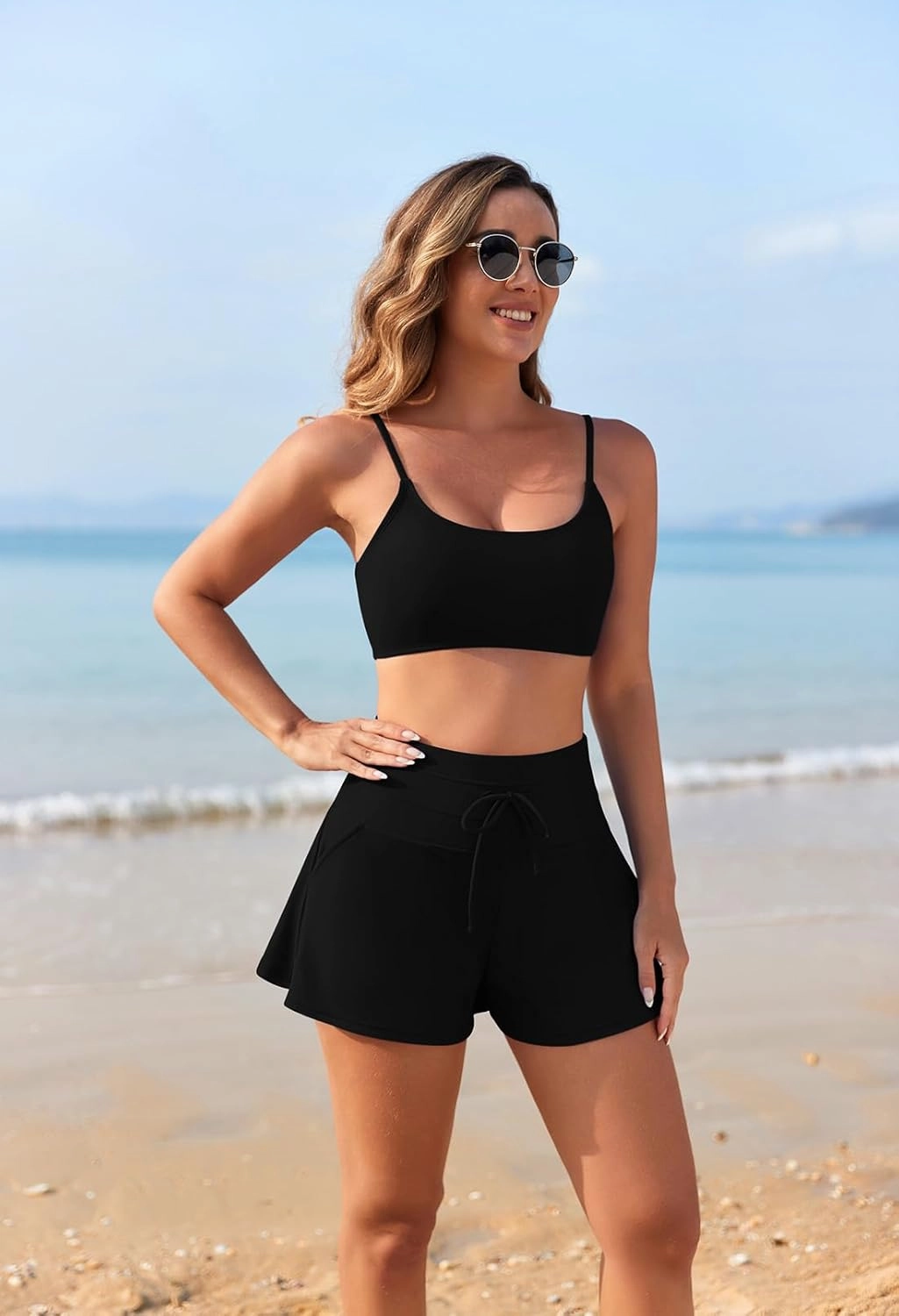 Pink Queen 2 Piece Bathing Suits for Women Adjustable Strap Top Drawstring High Waisted Bikini Shorts Swimsuit with Pockets