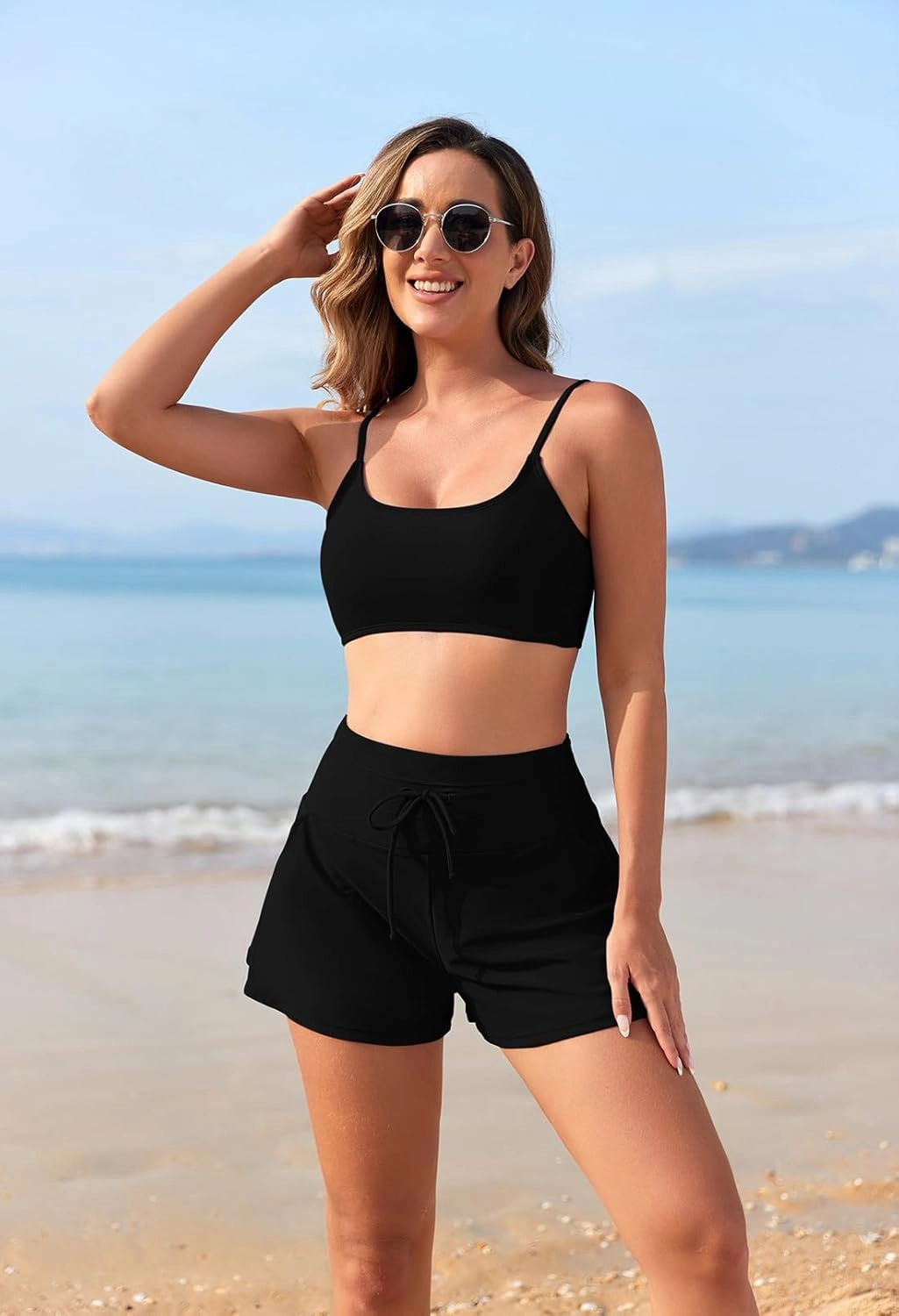 Pink Queen 2 Piece Bathing Suits for Women Adjustable Strap Top Drawstring High Waisted Bikini Shorts Swimsuit with Pockets