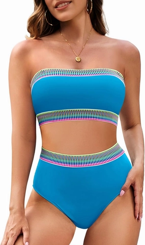 Pink Queen Tube Top Bikini Sets for Women Removable Strap Pad Color Block Two Piece Swimming Suit Swimwear