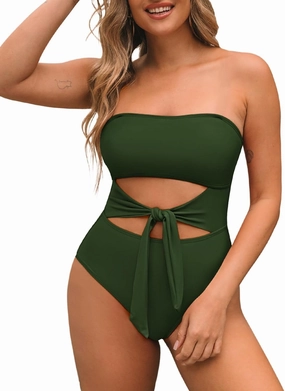 Pink Queen Women Bandeau One Piece Swimsuit Removable Strap Cutout Tie High Waist Bathing Suit Monokini