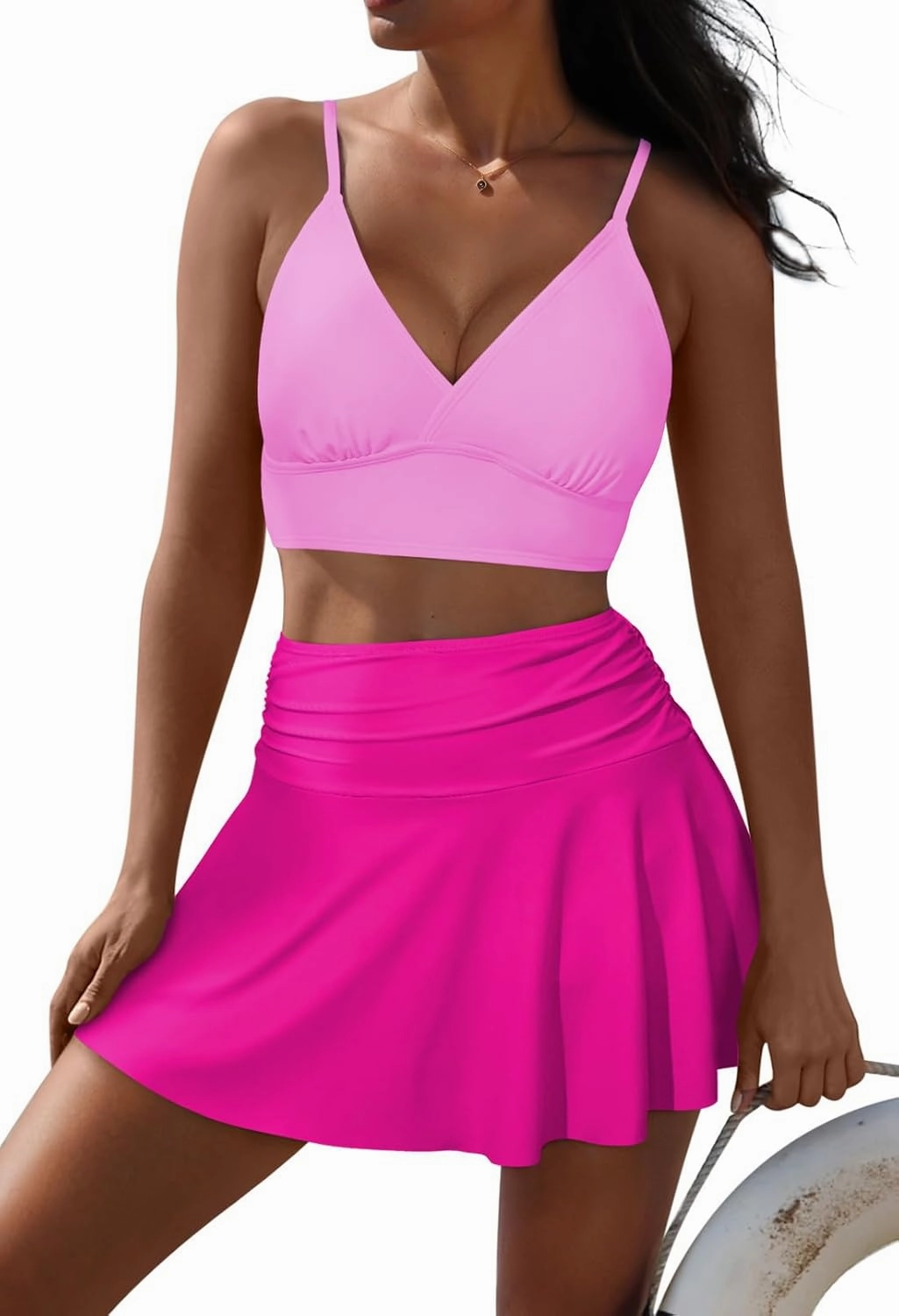 Pink Queen Women's High Waisted Bikini Set Two Piece Swimsuit V Neck Spaghetti Straps Swim Skirt Bathing Suit