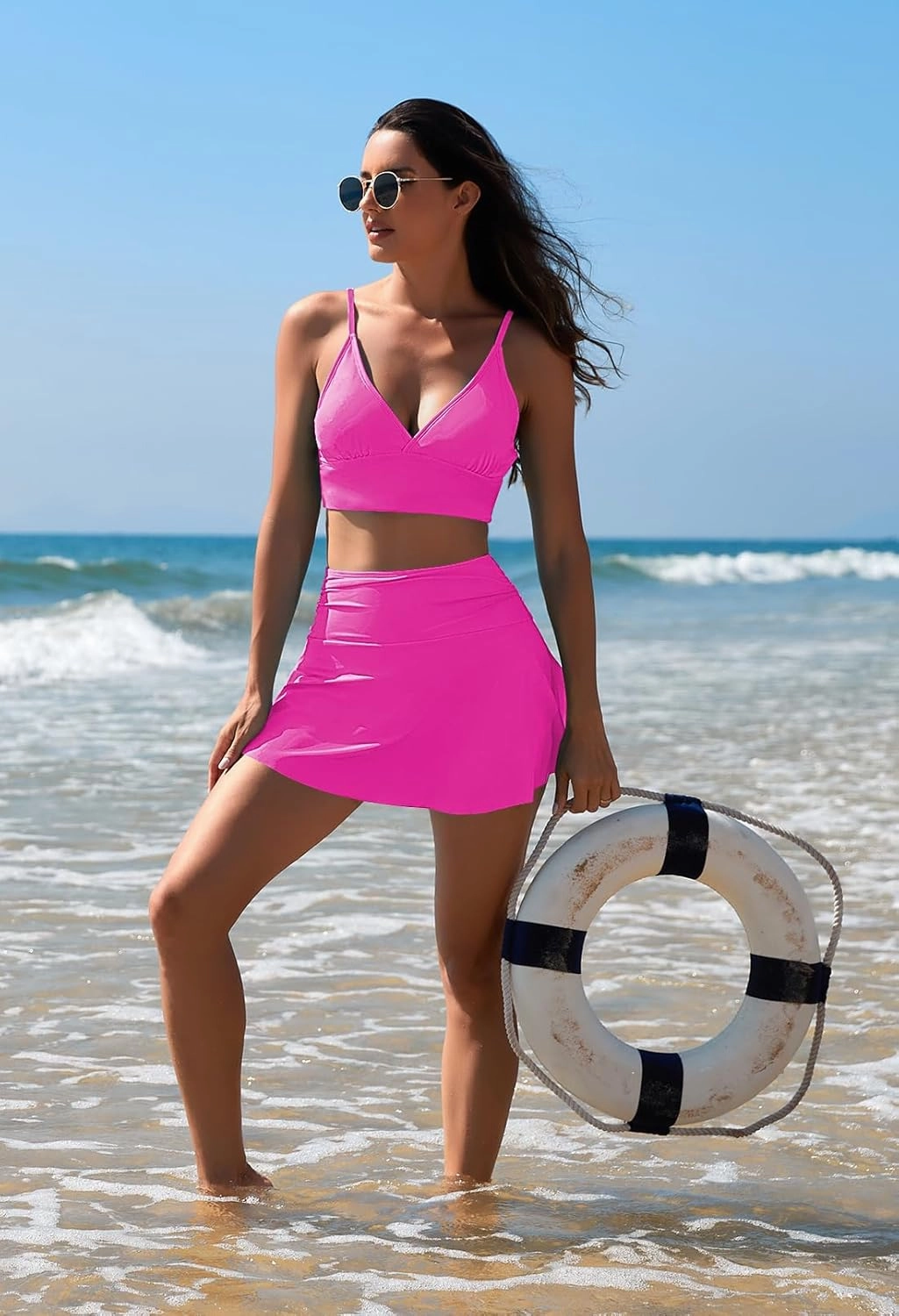 Pink Queen Women's High Waisted Bikini Set Two Piece Swimsuit V Neck Spaghetti Straps Swim Skirt Bathing Suit