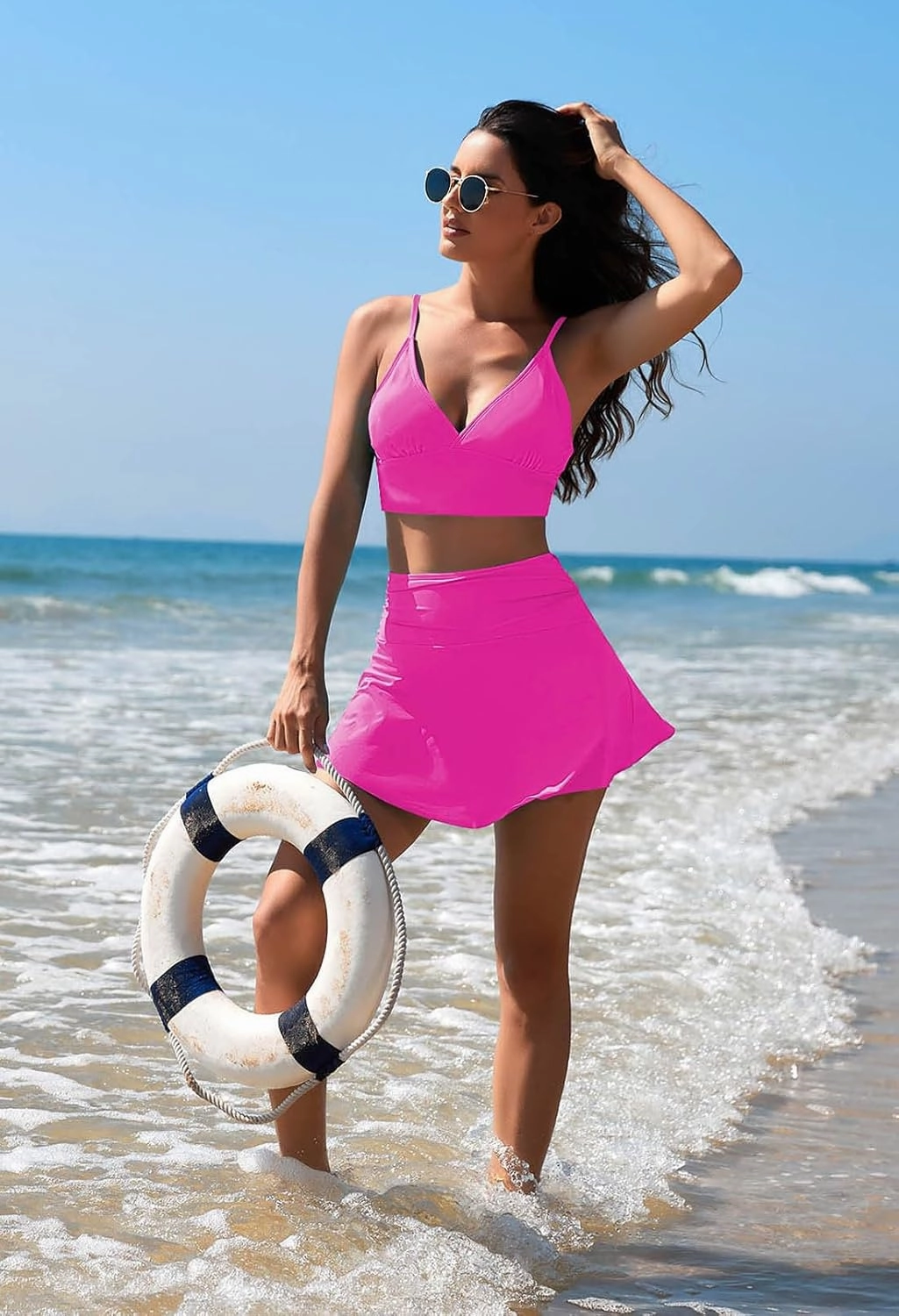 Pink Queen Women's High Waisted Bikini Set Two Piece Swimsuit V Neck Spaghetti Straps Swim Skirt Bathing Suit