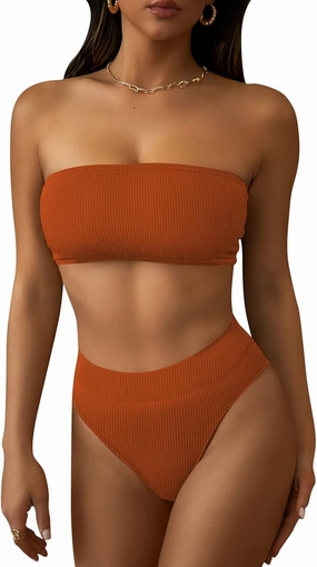 Pink Queen Women's Ribbed High Waisted Bikini Set Removable Strap Bandeau Swimsuit