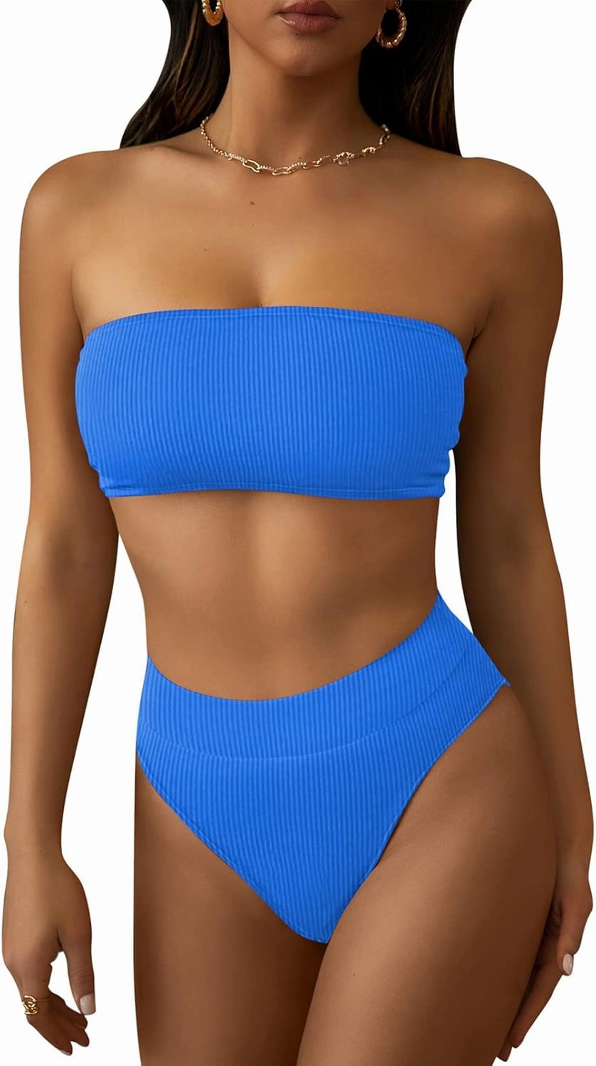 Pink Queen Women's Ribbed High Waisted Bikini Set Removable Strap Bandeau Swimsuit