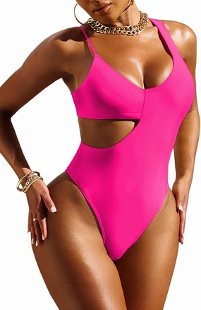 Pink Queen Women's Sexy One Piece Swimsuit Scoop Neck Cutout Waist Tummy Control Bathing Suit Swimwear