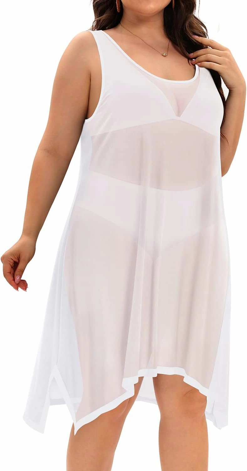 Pinup Fashion Plus Size Swimsuit Cover Up Beach Swimwear See Through Sheer Mesh Tank Dress