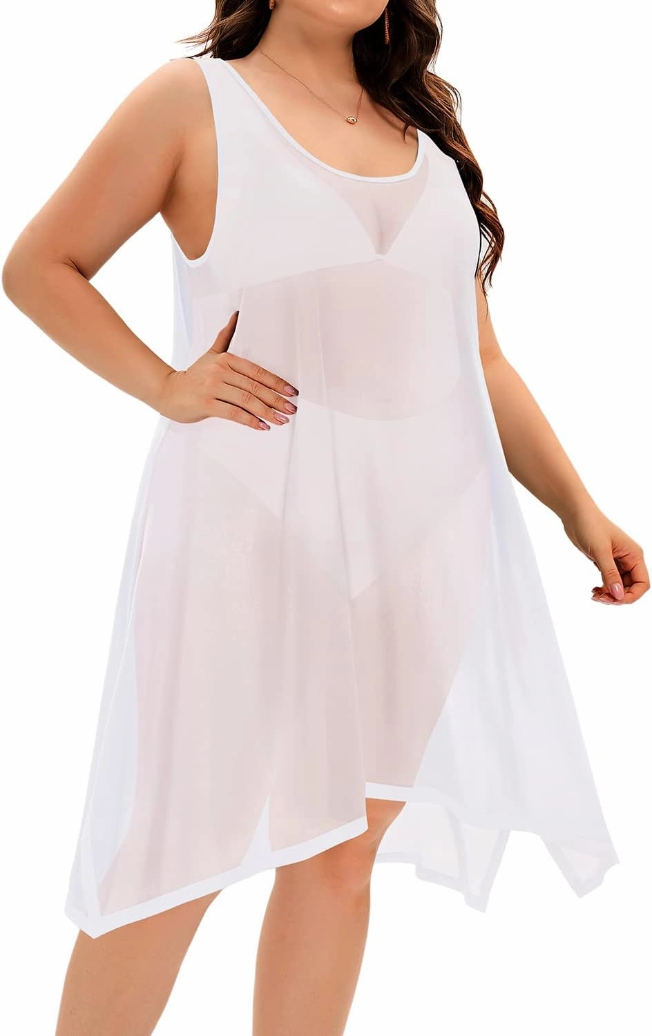 Pinup Fashion Plus Size Swimsuit Cover Up Beach Swimwear See Through Sheer Mesh Tank Dress