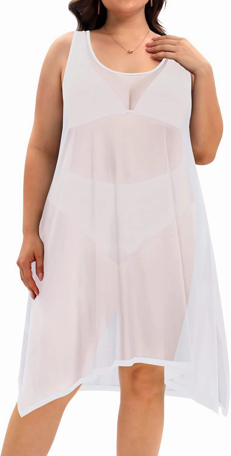 Pinup Fashion Plus Size Swimsuit Cover Up Beach Swimwear See Through Sheer Mesh Tank Dress