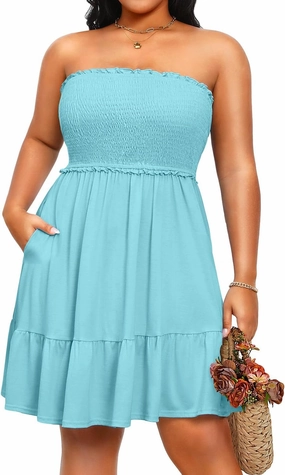 Pinup Fashion Plus Size Swimsuit Cover Ups Women Strapless Ruffle Beach Dress with Pockets