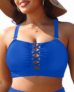 Plus Size Bikini Swimsuit Top - Women Bandeau Swim Top Lace Up Bathing Suit Bra for Large Bust Swimwear