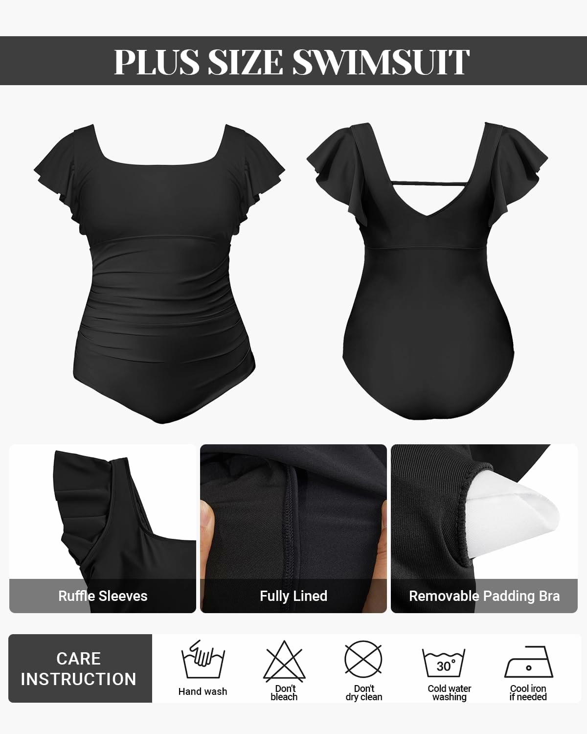 Plus Size One Piece Swimsuit - Women Tummy Control Bathing Suit Ruffle Vintage Swimwear with Sleeves