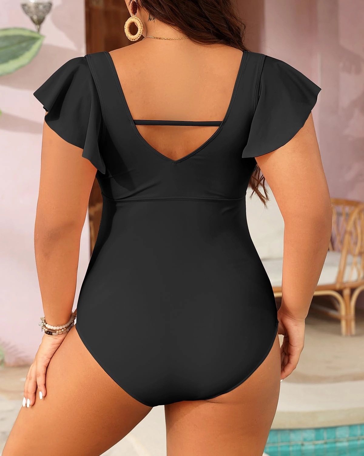 Plus Size One Piece Swimsuit - Women Tummy Control Bathing Suit Ruffle Vintage Swimwear with Sleeves