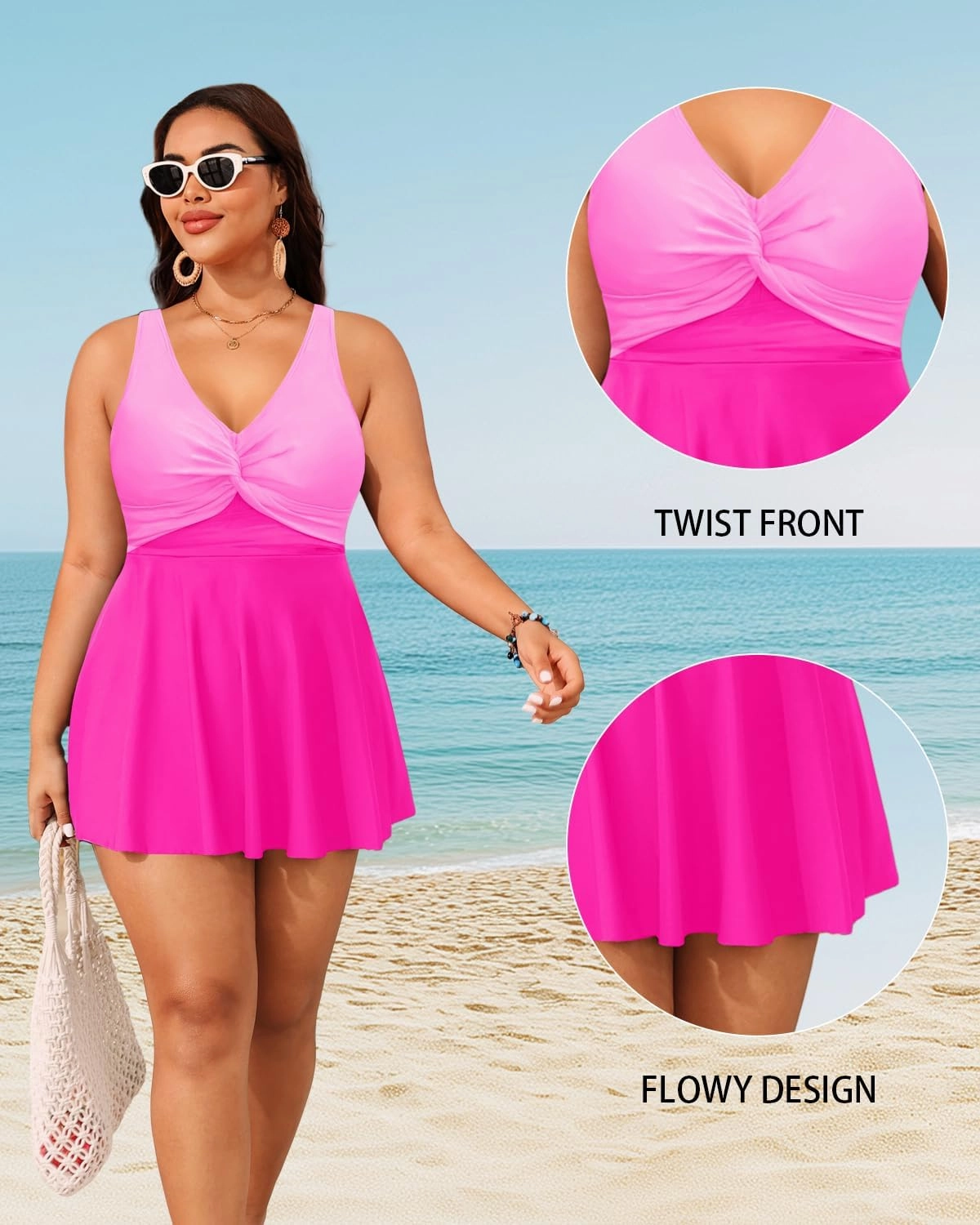 Plus Size Swim Dress for Women - One Piece Swimsuit Tummy Control Bathing Suit Twist Front Curvy Swimwear 2025