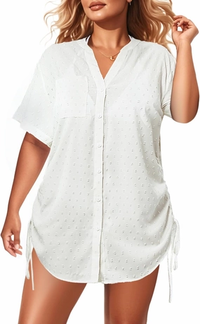 Plus Size Swimsuit Cover Up - Beach Bathing Suit Coverup Button Down Swiss Dot Shirt