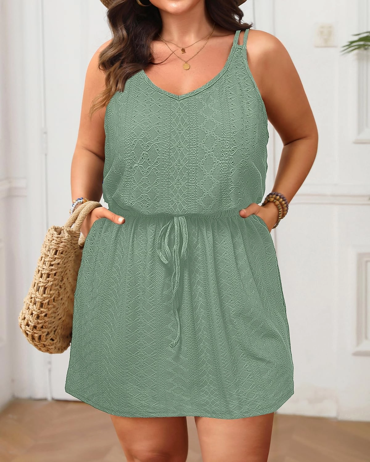 Plus Size Swimsuit Cover Ups - Women Hollow Out Spaghetti Strap Beach Coverup Dress with Pockets