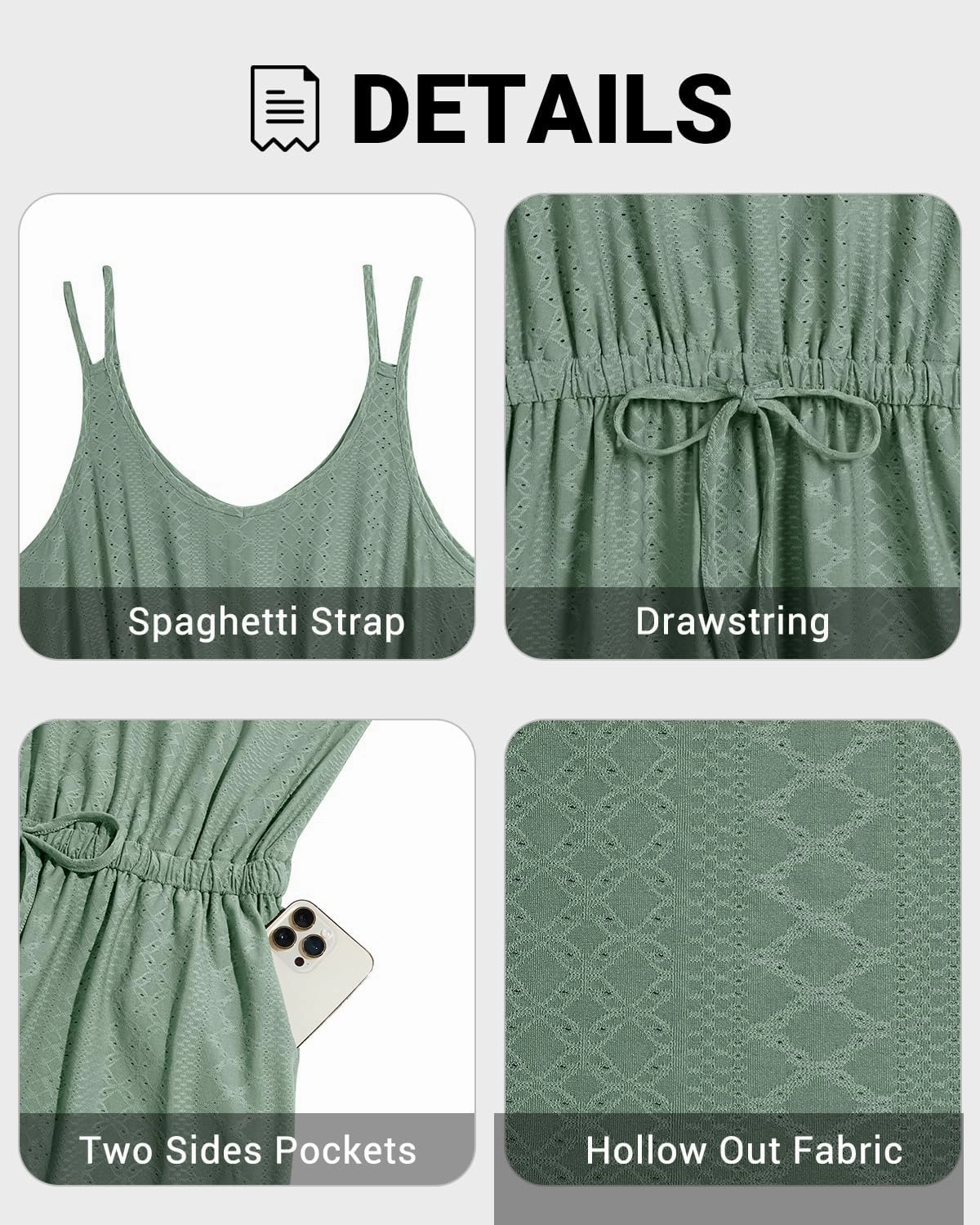 Plus Size Swimsuit Cover Ups - Women Hollow Out Spaghetti Strap Beach Coverup Dress with Pockets