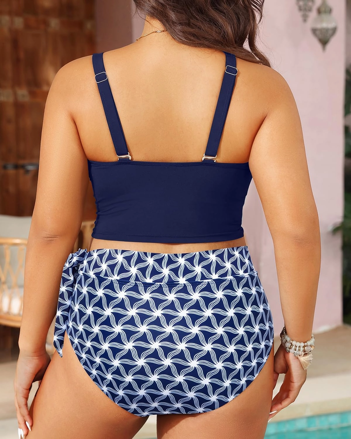 Plus Size Two Piece Swimsuits - Women High Waisted Bikini Scoop Neck Bathing Suit Swimwear