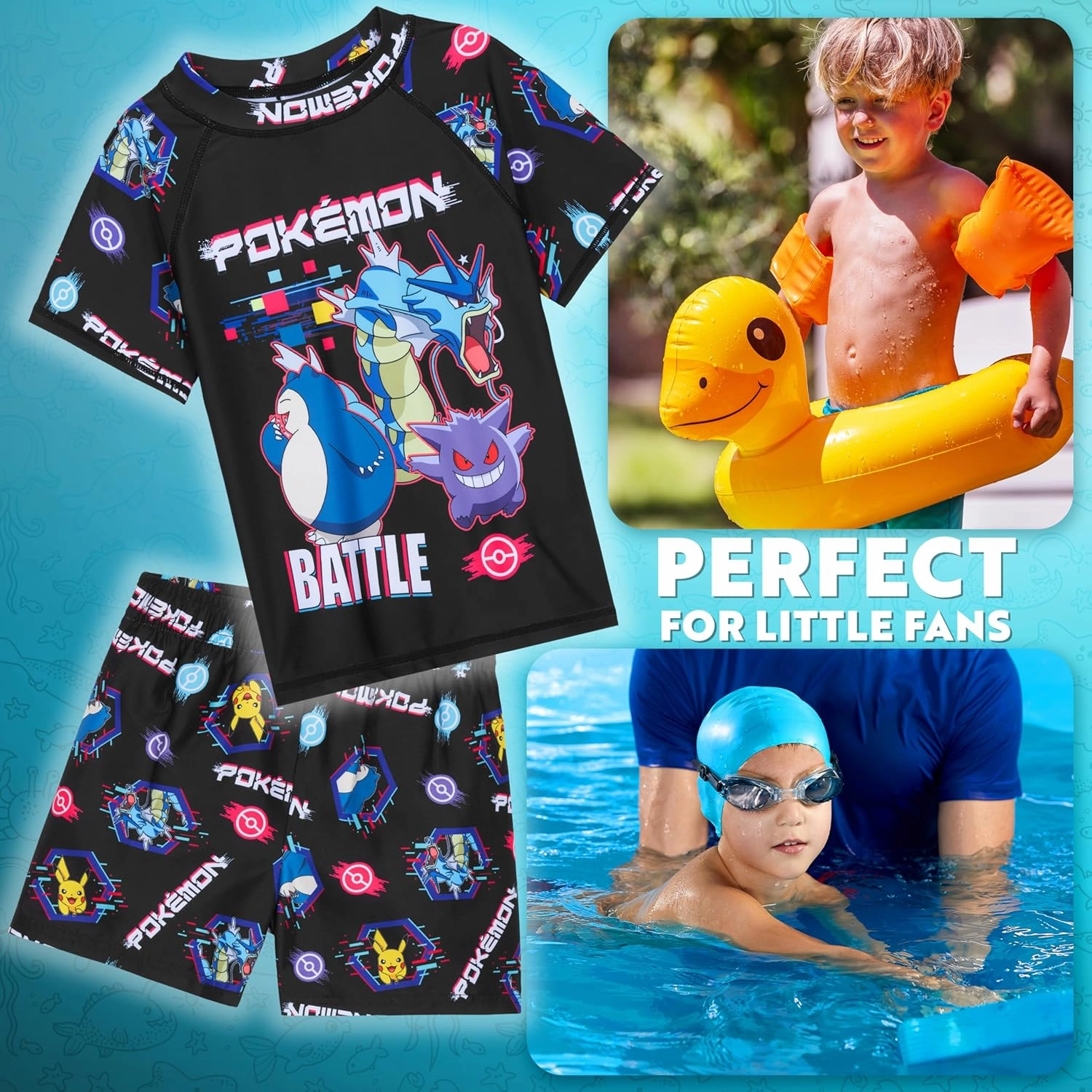Pokemon Boys Bathing Suit 2 Piece Set Swim Suit with Boys Swim Trunks and Rash Guard