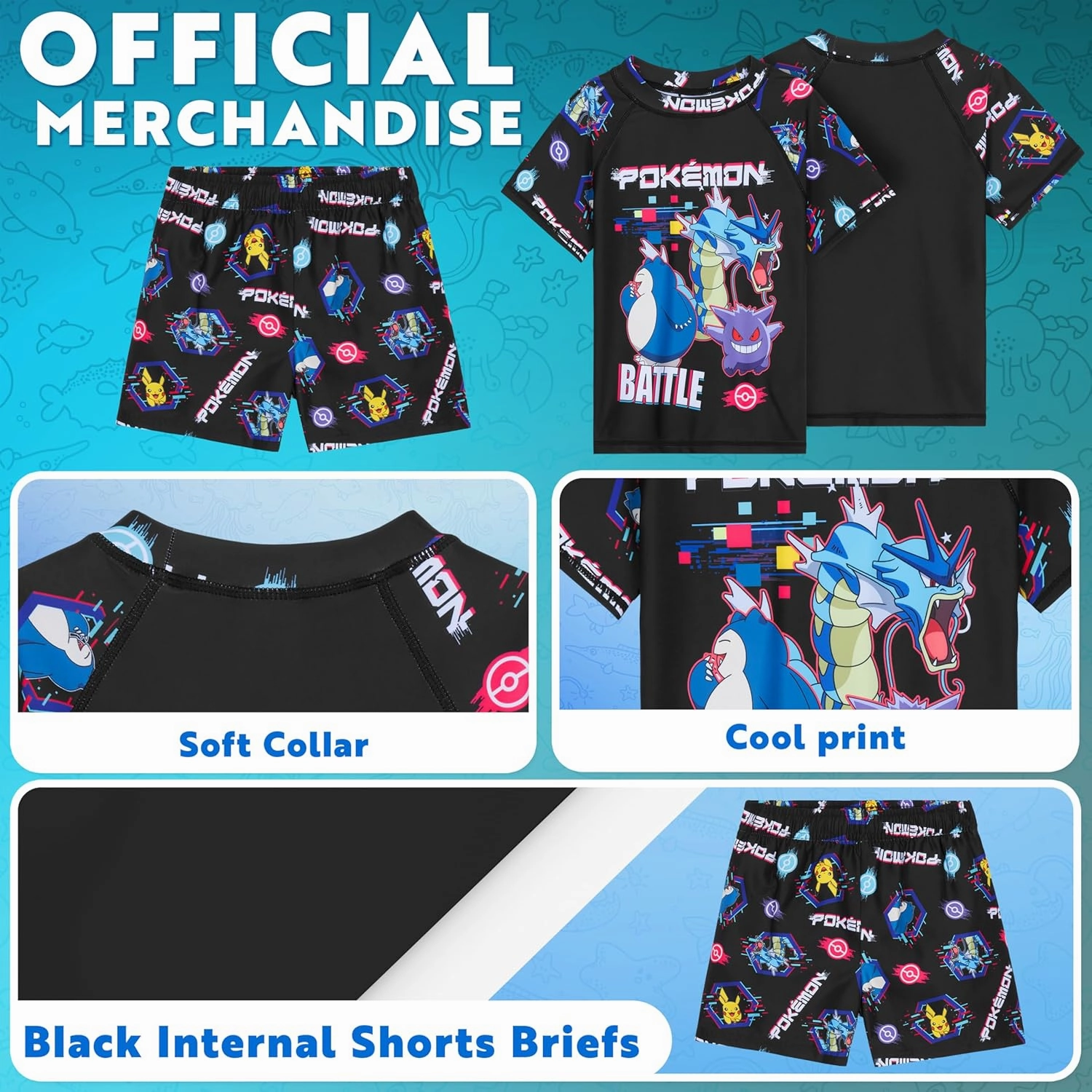 Pokemon Boys Bathing Suit 2 Piece Set Swim Suit with Boys Swim Trunks and Rash Guard