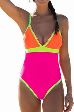 popvil One Piece Swimsuit Women 2025 Neon Color Block Contrast Cross Strap Bathing Suit Modest Cute Swim Suits