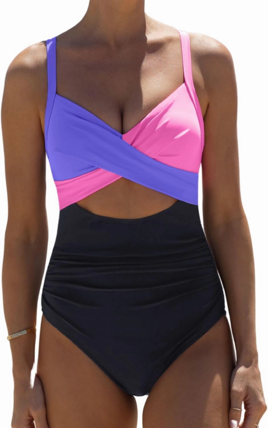 popvil One Piece Swimsuit Women 2025 Tummy Control High Waisted Bathing Suit V Neck Swimwear Cut Out Tie Back Swim Suits