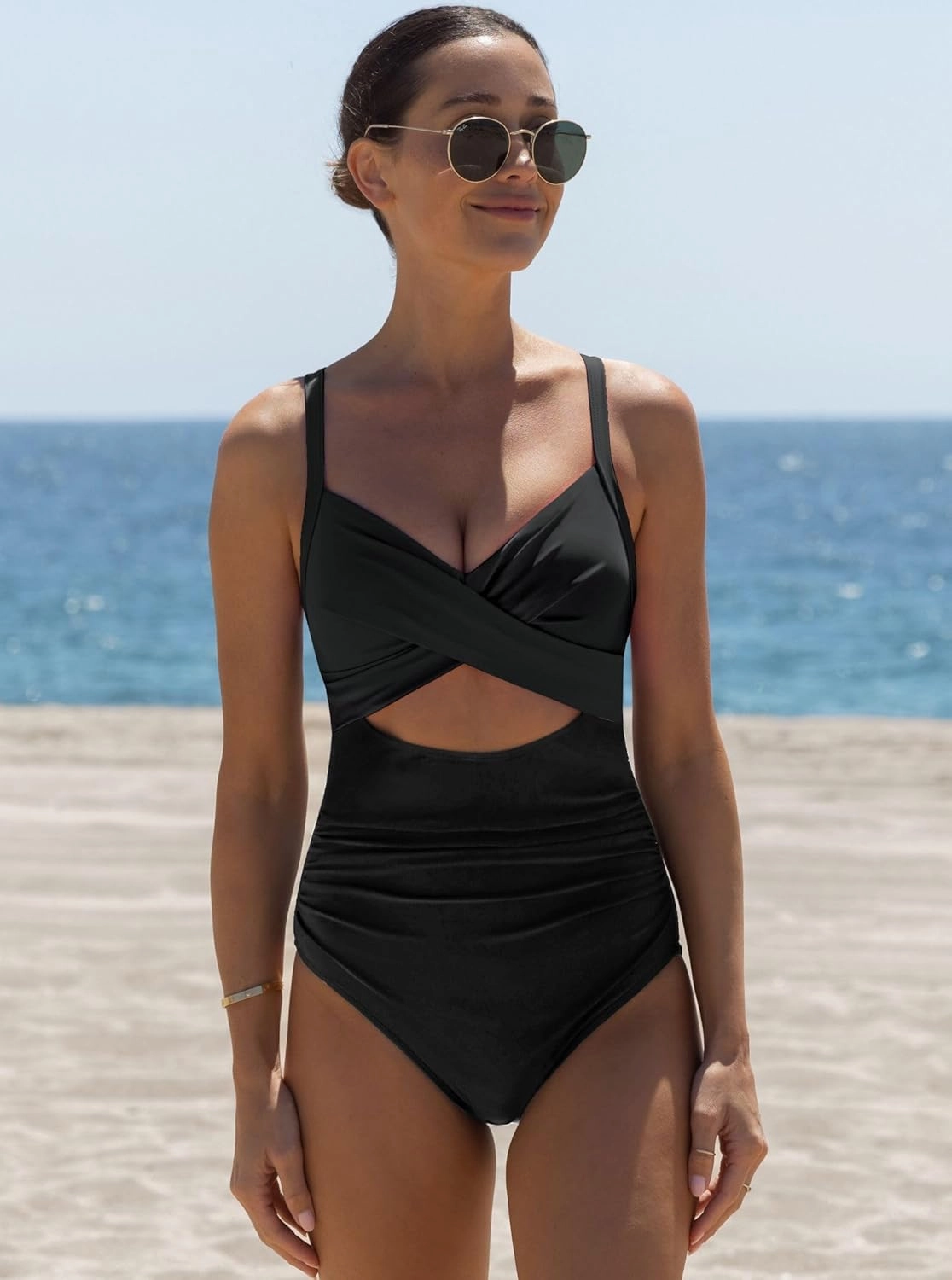 popvil One Piece Swimsuit Women 2025 Tummy Control High Waisted Bathing Suit V Neck Swimwear Cut Out Tie Back Swim Suits
