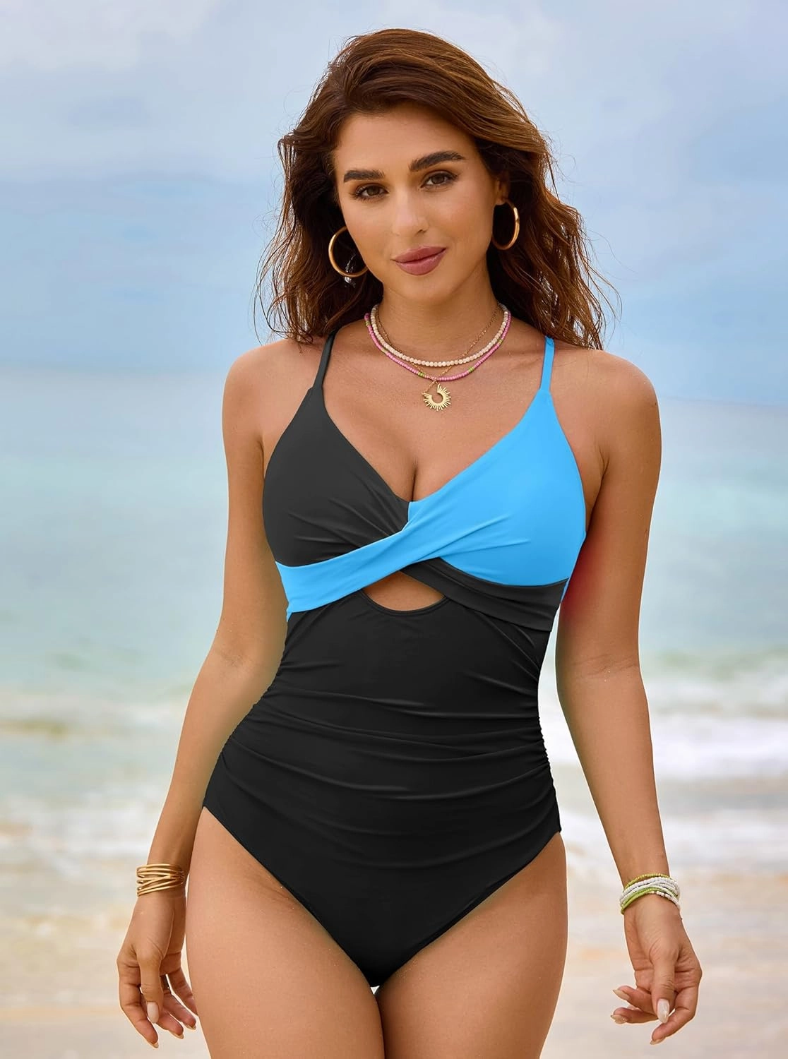 popvil One Piece Swimsuit Women 2025 Tummy Control High Waisted Bathing Suit V Neck Swimwear Cut Out Tie Back Swim Suits