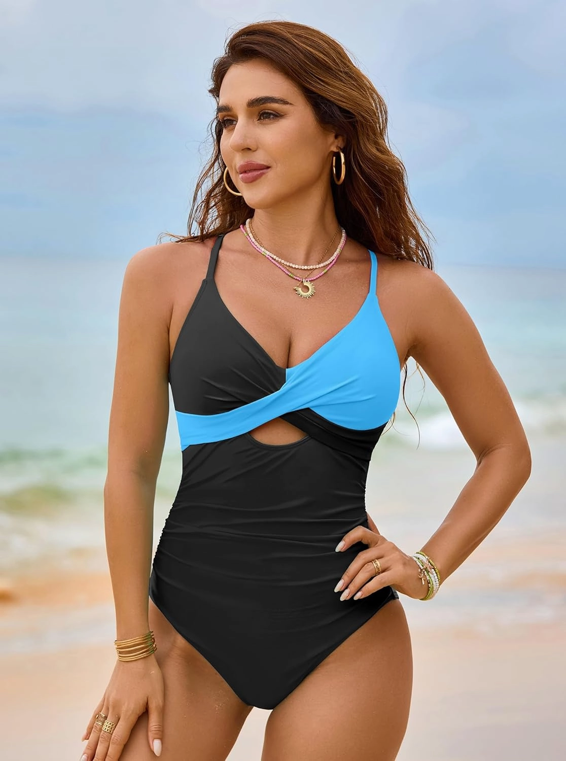 popvil One Piece Swimsuit Women 2025 Tummy Control High Waisted Bathing Suit V Neck Swimwear Cut Out Tie Back Swim Suits
