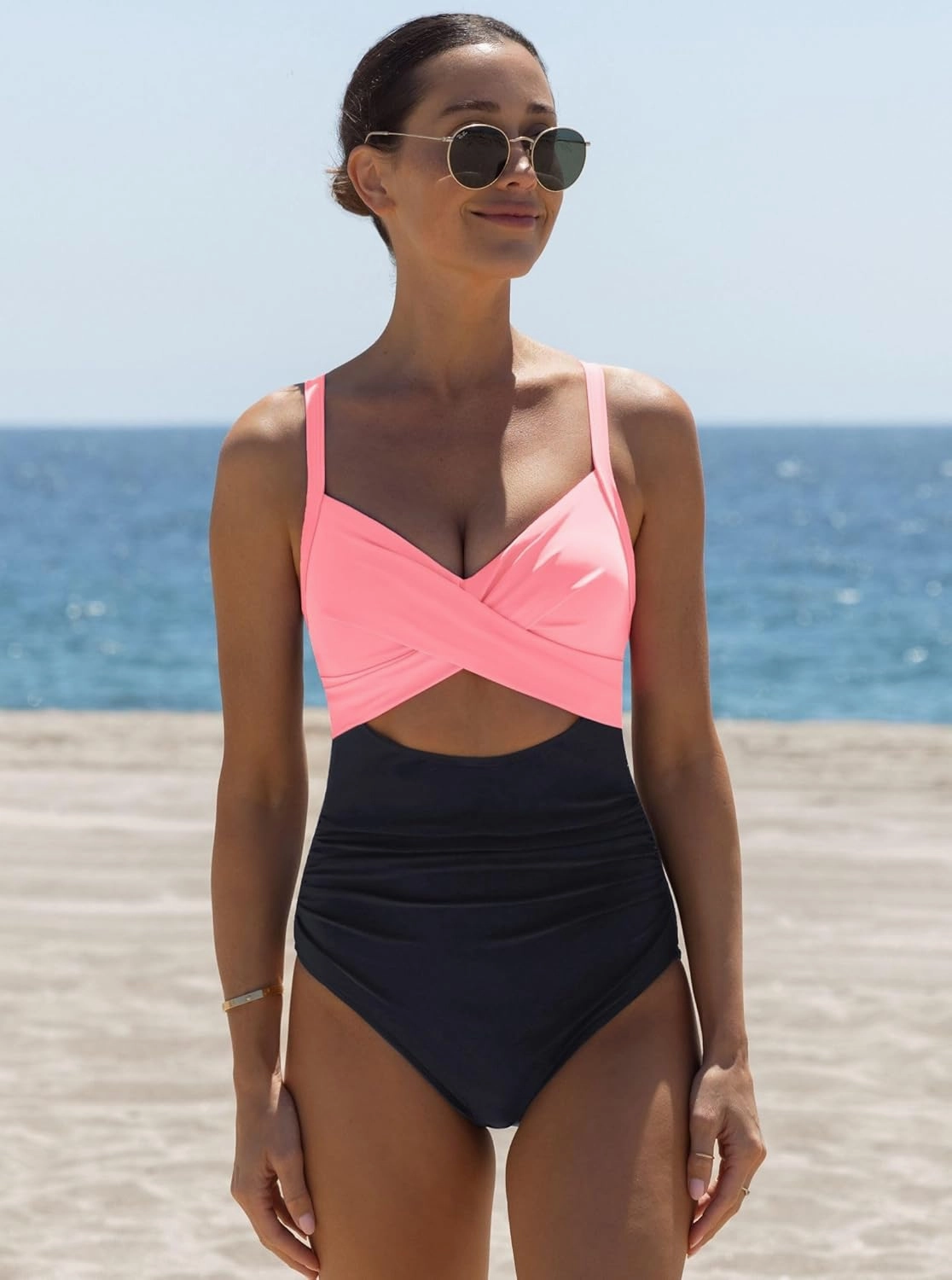 popvil One Piece Swimsuit Women 2025 Tummy Control High Waisted Bathing Suit V Neck Swimwear Cut Out Tie Back Swim Suits