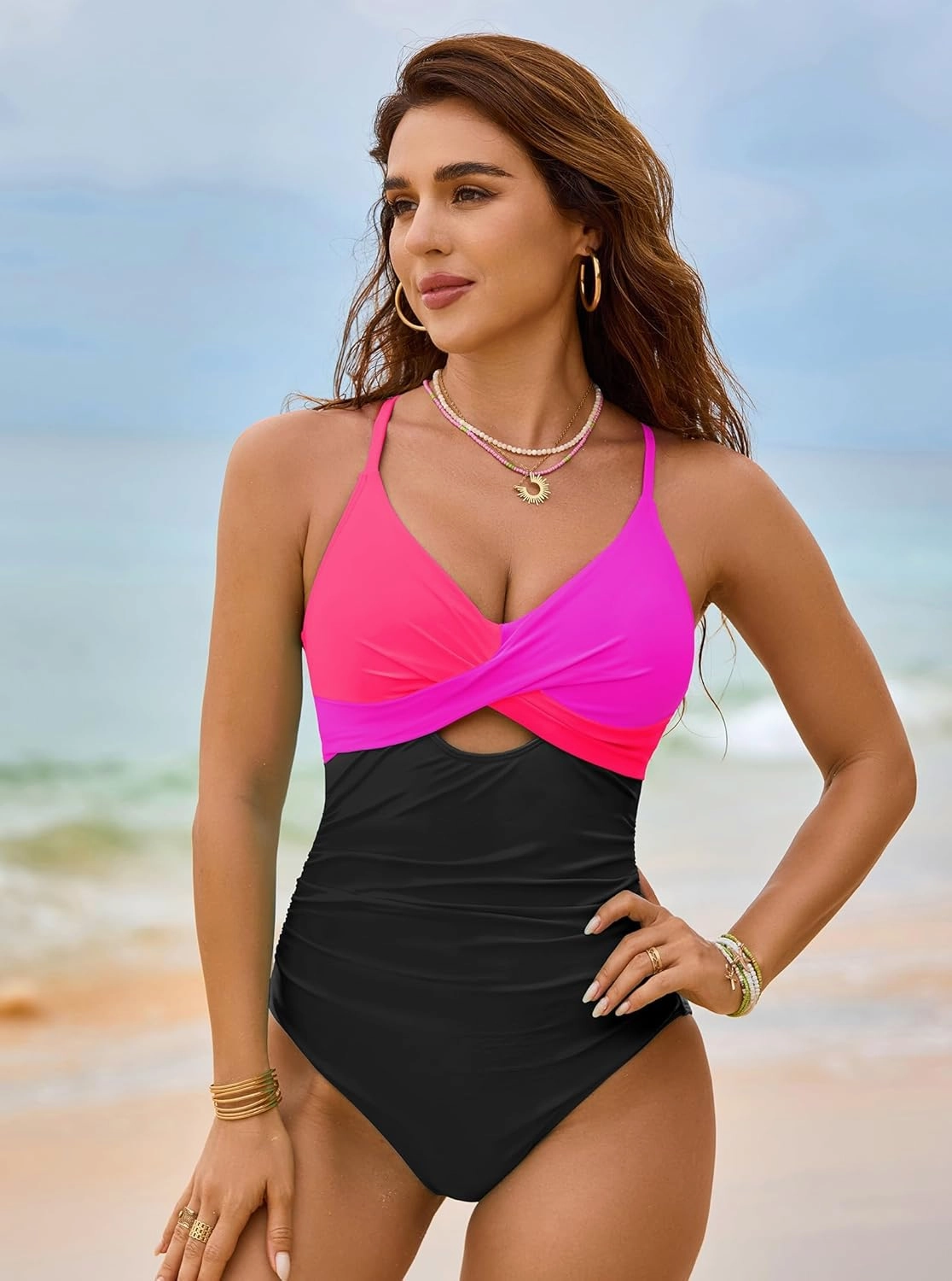 popvil One Piece Swimsuit Women 2025 Tummy Control High Waisted Bathing Suit V Neck Swimwear Cut Out Tie Back Swim Suits