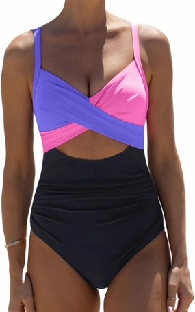 popvil One Piece Swimsuit Women 2025 Tummy Control High Waisted Bathing Suit V Neck Swimwear Cut Out Tie Back Swim Suits