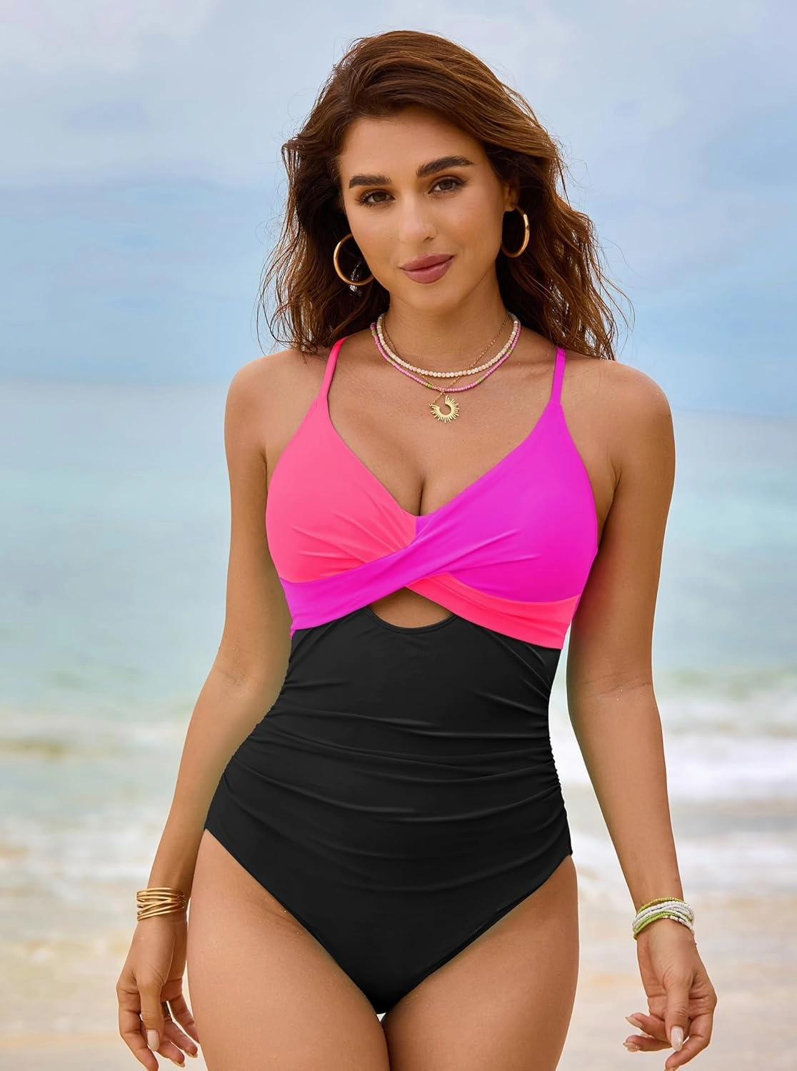 popvil One Piece Swimsuit Women 2025 Tummy Control High Waisted Bathing Suit V Neck Swimwear Cut Out Tie Back Swim Suits