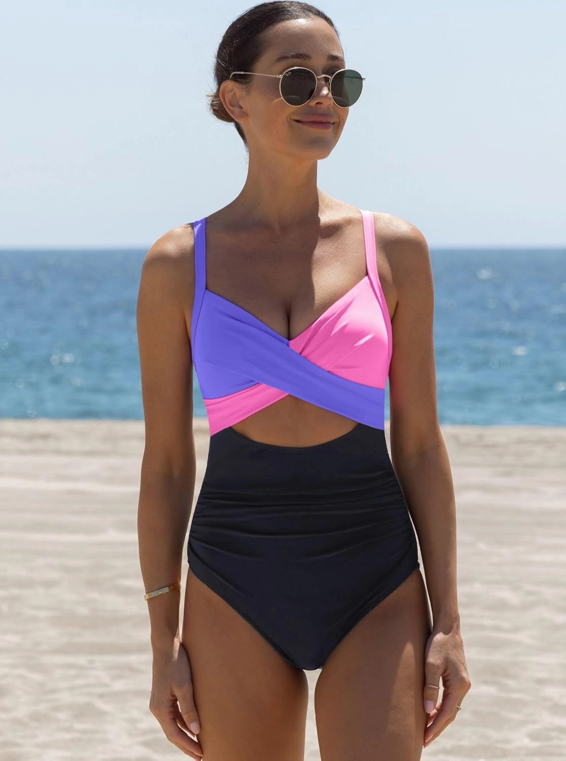 popvil One Piece Swimsuit Women 2025 Tummy Control High Waisted Bathing Suit V Neck Swimwear Cut Out Tie Back Swim Suits