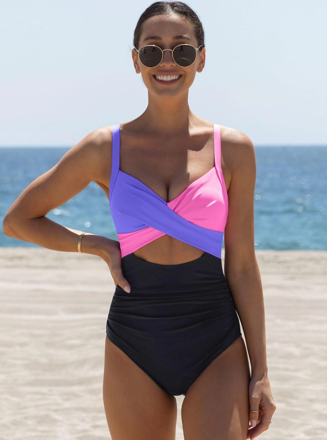 popvil One Piece Swimsuit Women 2025 Tummy Control High Waisted Bathing Suit V Neck Swimwear Cut Out Tie Back Swim Suits