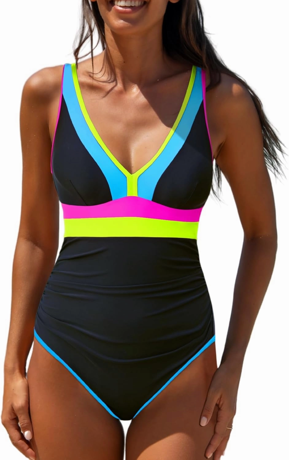 popvil One Piece Swimsuit Women 2025 Tummy Control Neon Color Block Bathing Suit Deep Vneck Tie Back Swim Suits Beach